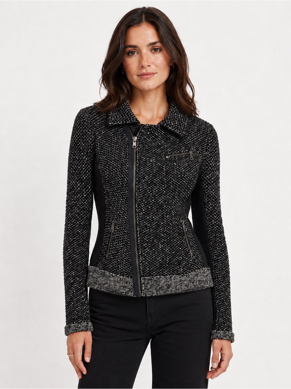 Rag & Bone Women Size S Black Gray Knit Moto Jacket Zip Front Biker Sweater